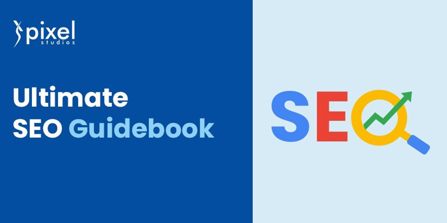 SEO guidebook cover: strategy, keywords, analytics